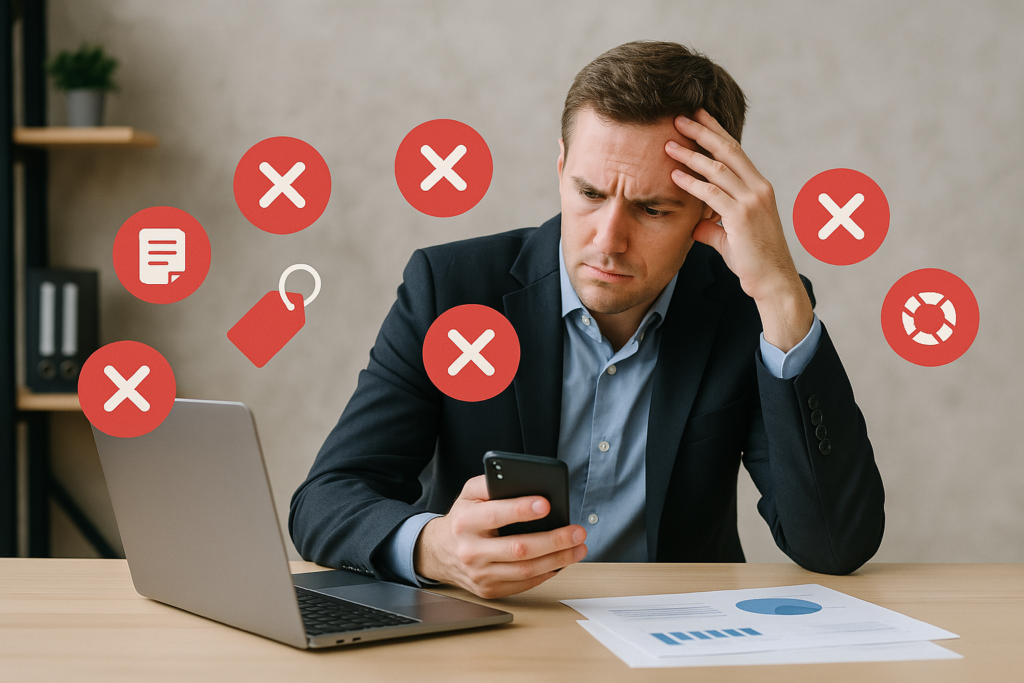 ¿Miedo a cambiar de operador? Así lo hago por ti, sin cortes ni complicaciones 2 Hombre preocupado mirando su teléfono móvil con íconos de error, mientras considera cambiar de compañía telefónica