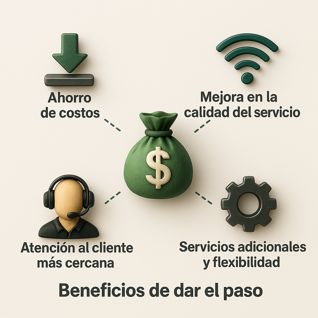 ¿Miedo a cambiar de operador? Así lo hago por ti, sin cortes ni complicaciones 4 Gráfico con íconos que destacan beneficios de cambiar de operador: ahorro de costos, mejor servicio, atención cercana y flexibilidad