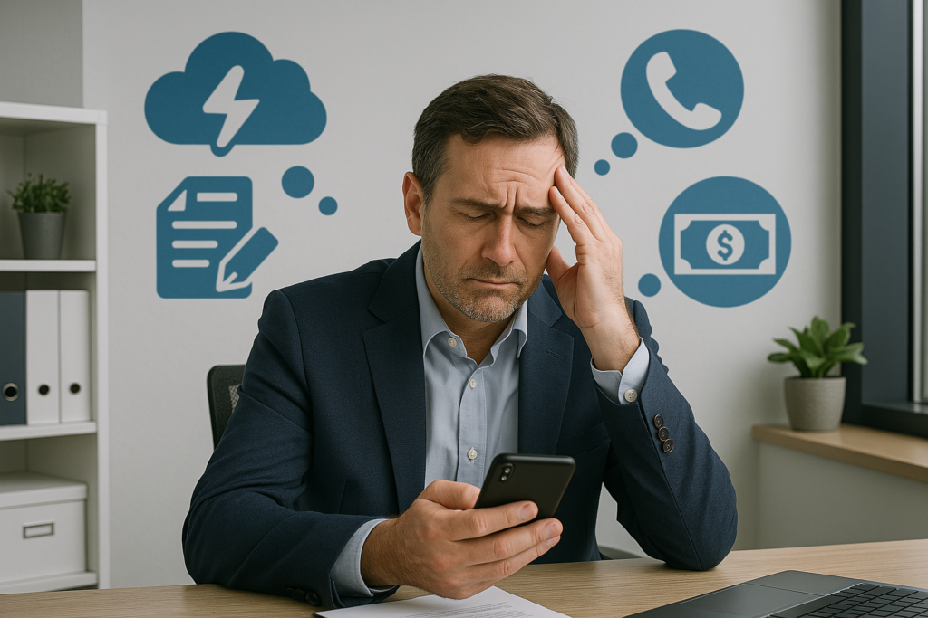 Hombre de negocios estresado mirando su teléfono con íconos de tareas y dinero en el fondo