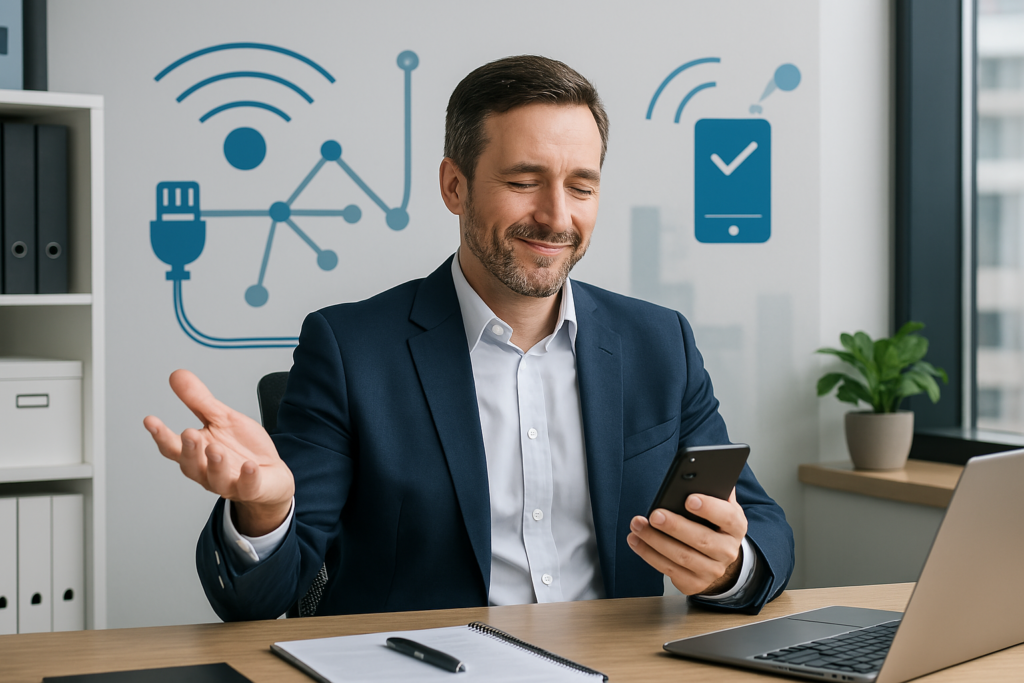 Hombre sonriente mirando su móvil con gestos de satisfacción tras cambiar de compañía telefónica