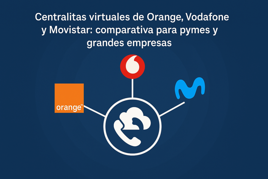 Infografía comparativa de centralitas virtuales ofrecidas por Orange, Vodafone y Movistar para pymes y grandes empresas.