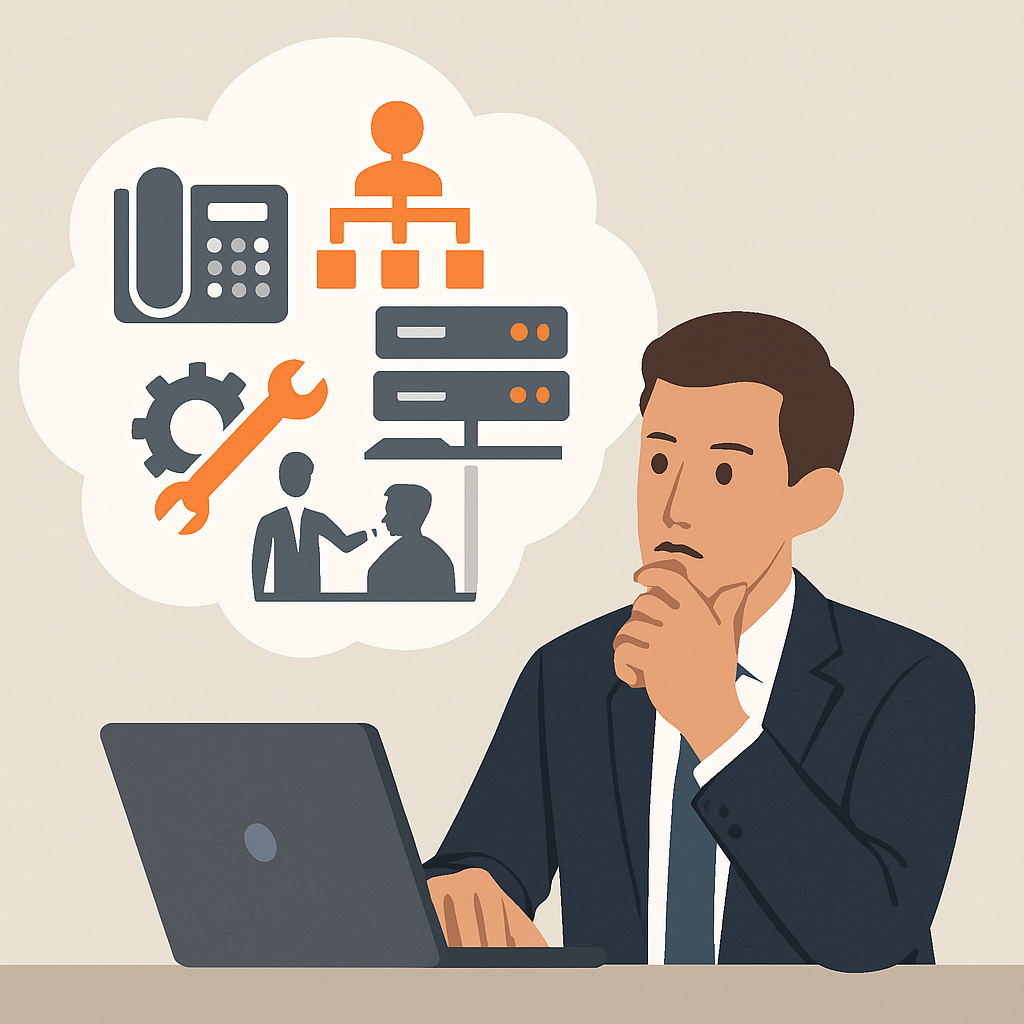 ¿Tu centralita física se ha quedado obsoleta? 5 señales de que es momento de pasar a una centralita virtual 2 Ilustración cuadrada sin texto que representa a un consultor tecnológico trabajando y visualizando procesos estratégicos mediante iconos.