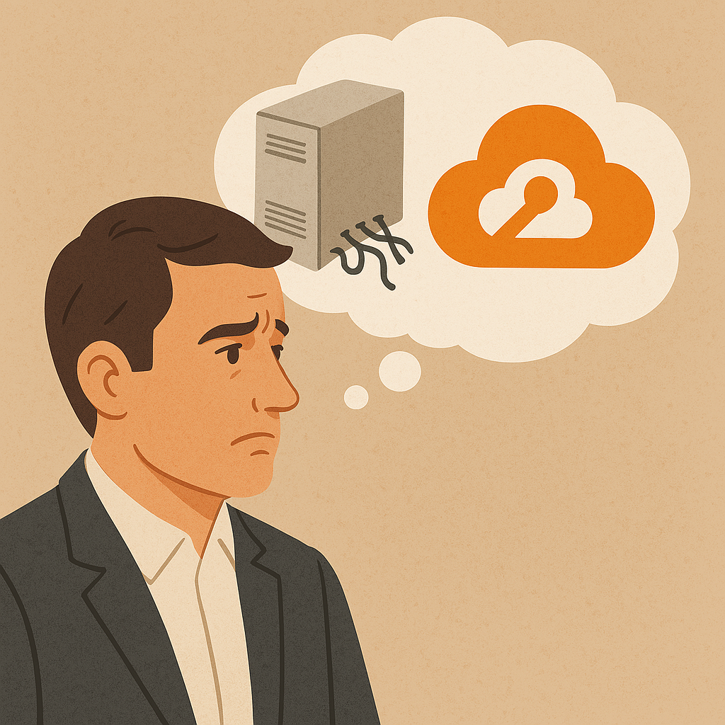 Ilustración de un empresario comparando una centralita física obsoleta con una solución moderna de centralita virtual en la nube.