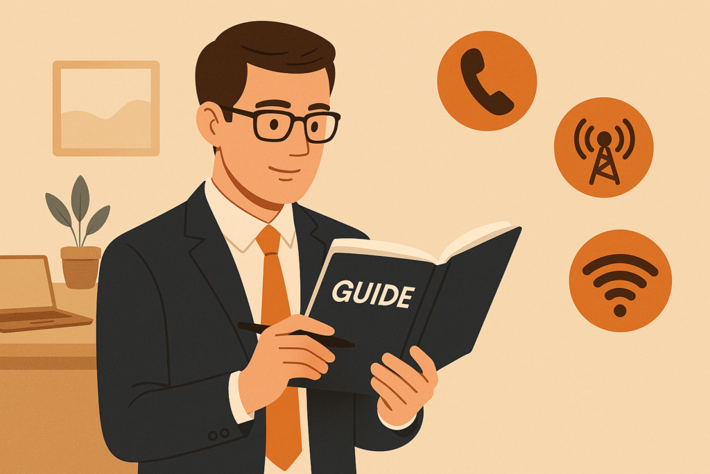 Guía Completa de Telecomunicaciones para Empresas y Profesionales 1 profesional leyendo una guía de telecomunicaciones, con íconos de teléfono, antena y wifi flotando a su alrededor.
