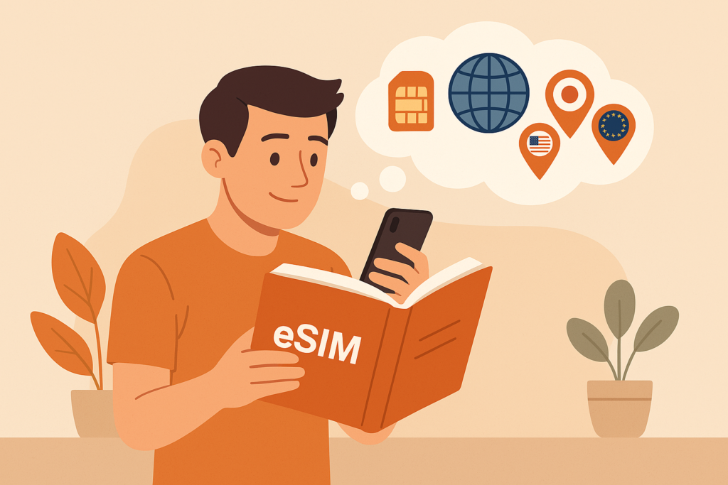 joven leyendo una guía sobre eSIM mientras sostiene su móvil
