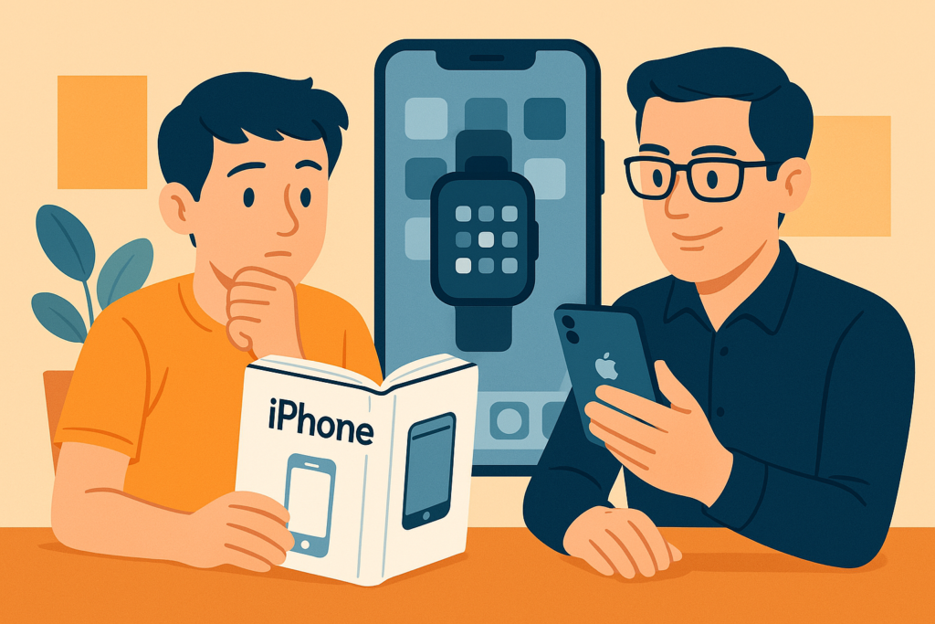 personas explorando un iPhone y una guía