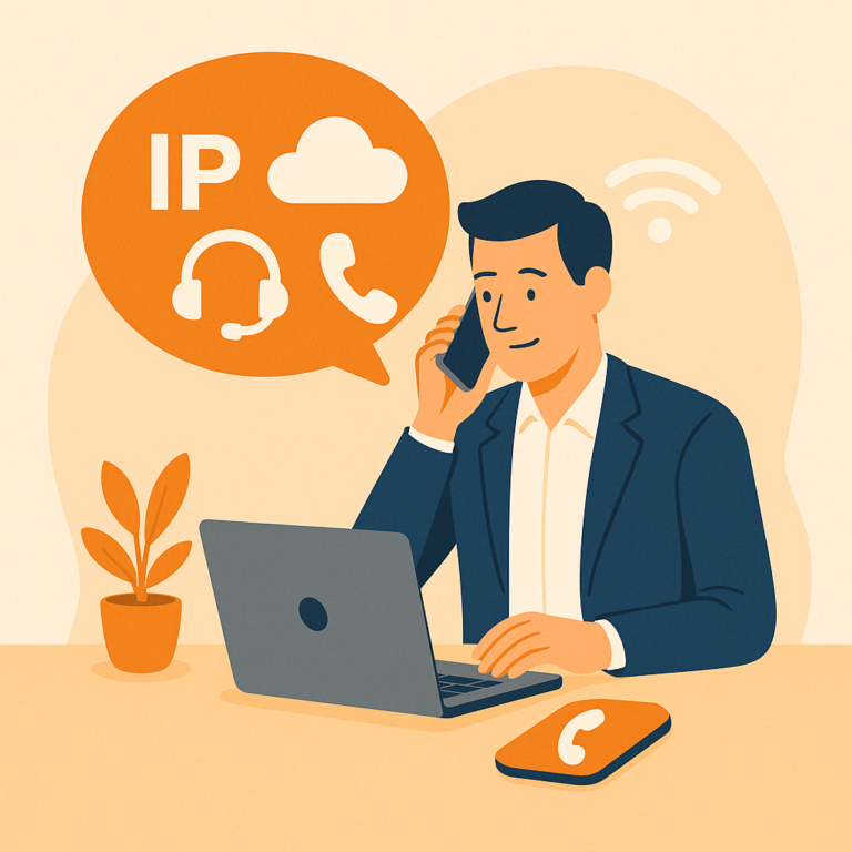 empresario realizando una llamada desde el móvil mientras trabaja con su portátil, con íconos que simbolizan telefonía IP, nube y comunicación por voz.