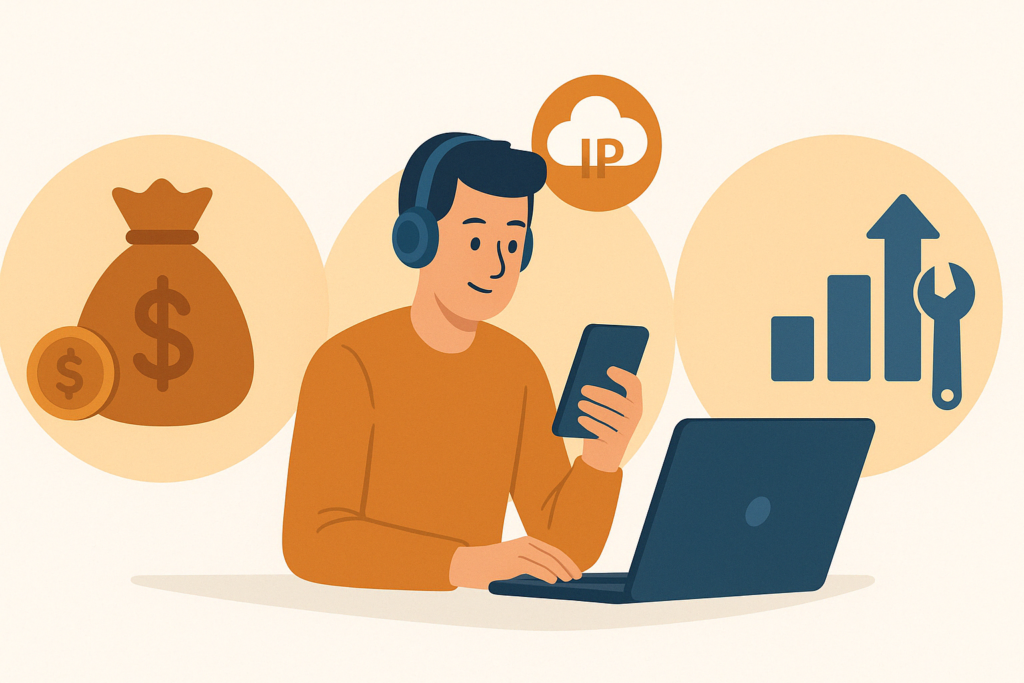  trabajador remoto con auriculares, móvil y portátil, rodeado de íconos que representan ahorro, telefonía IP y escalabilida