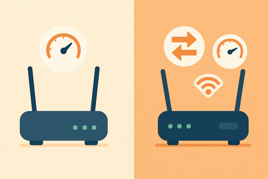 Fibra dedicada vs fibra compartida: diferencias reales, ventajas y cuál elegir 2 Ilustración rectangular dividida en dos mitades: una representa la fibra dedicada con ícono de velocidad estable, y la otra la fibra compartida con símbolos de tráfico y velocidad variable.