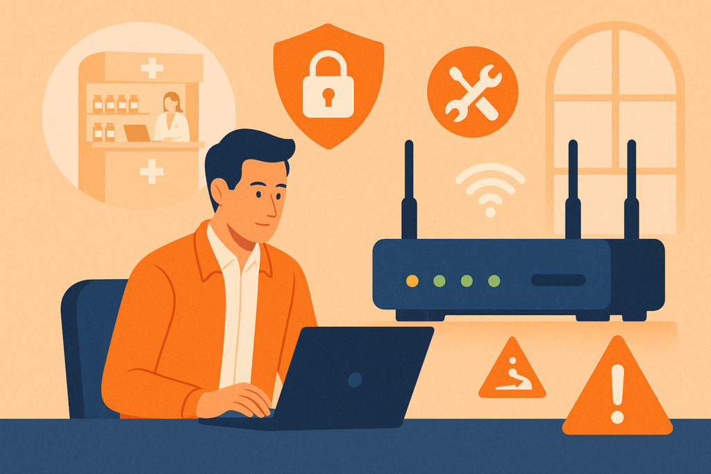 Fibra dedicada vs fibra compartida: diferencias reales, ventajas y cuál elegir 3 Ilustración rectangular de un técnico revisando la red en una farmacia, junto a un router empresarial con íconos de seguridad, soporte y conexión estable.