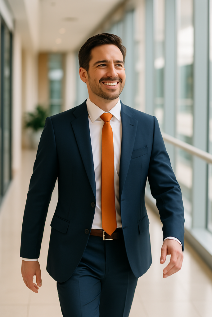 Ejecutivo sonriente con traje formal caminando por un edificio corporativo iluminado.

