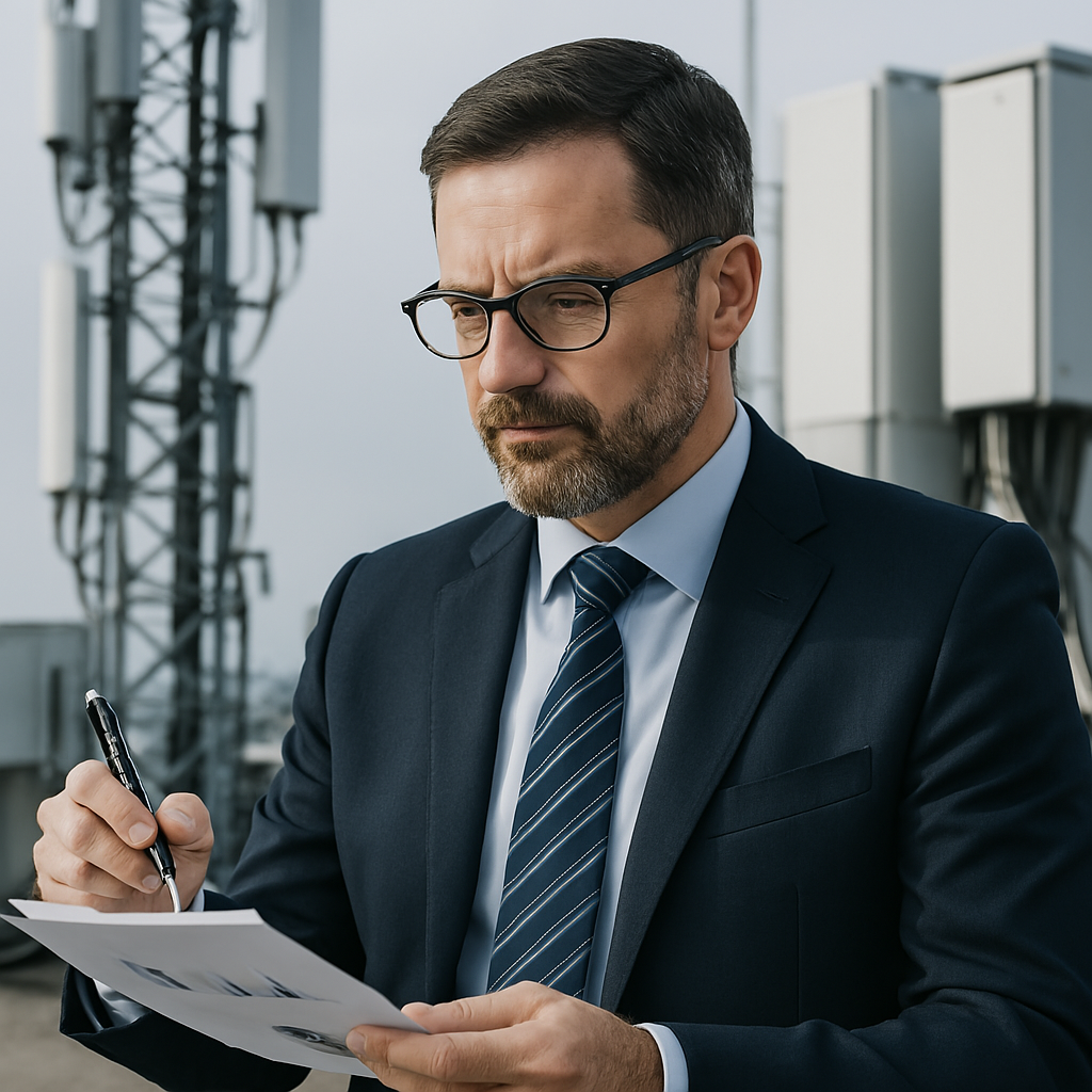 Consultor en telecomunicaciones revisando infraestructura tecnológica