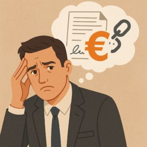 Hombre profesional señalando estrategias, con íconos de documento, euro, objetivo y auriculares sobre su cabeza.