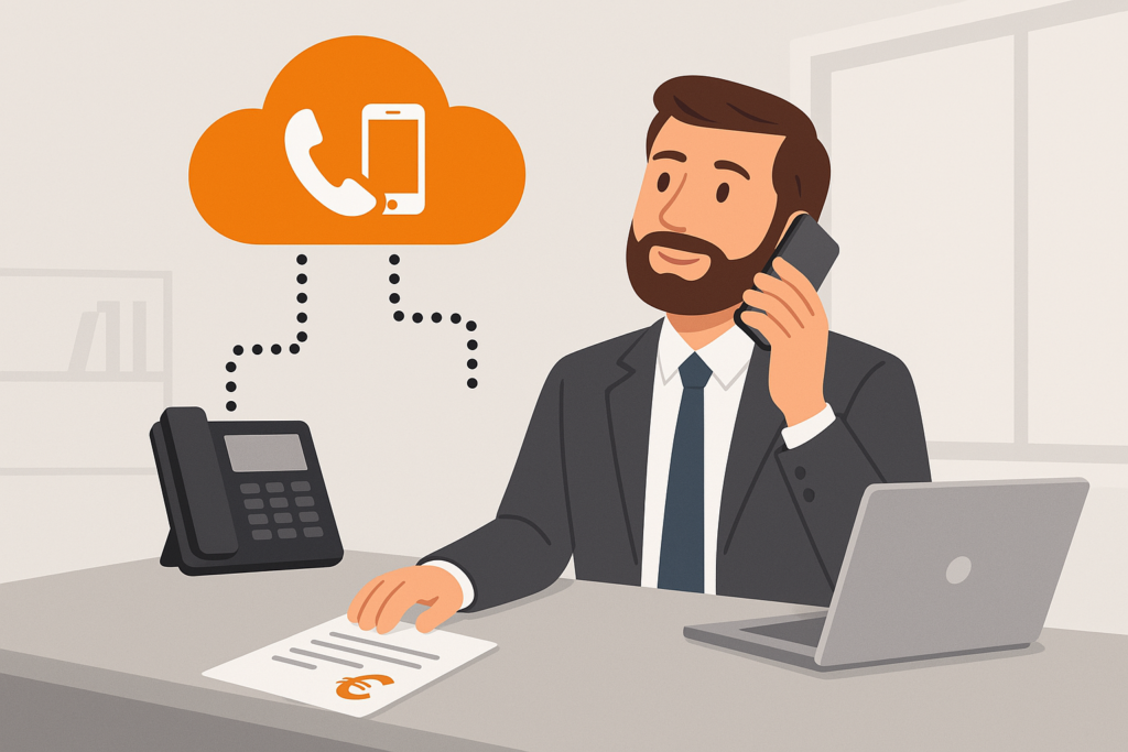 Empresario usando móvil mientras una nube conecta un teléfono fijo y su smartphone, representando integración de comunicaciones.