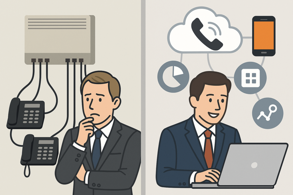 Cómo mejorar la comunicación empresarial unificando fijo y móvil 4 Comparativa entre una centralita analógica tradicional y una digital moderna con nube e integración tecnológica.